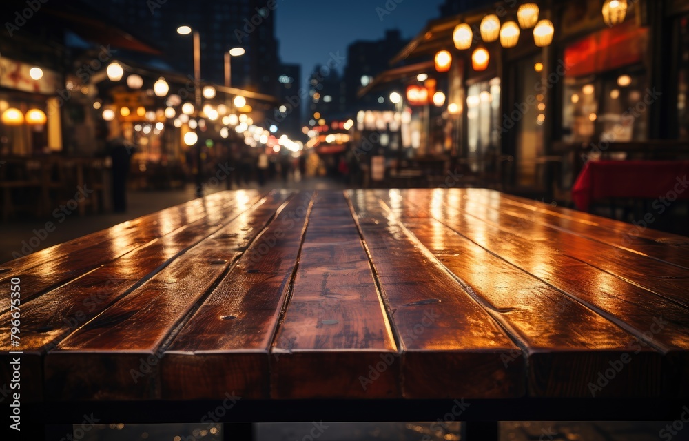 Empty wooden table in a cafe against the backdrop of the bright beautiful lights of the night city. Blurred background. Empty wooden table in a cafe against the backdrop of the bright beautiful lights of the night city. Blurred background.