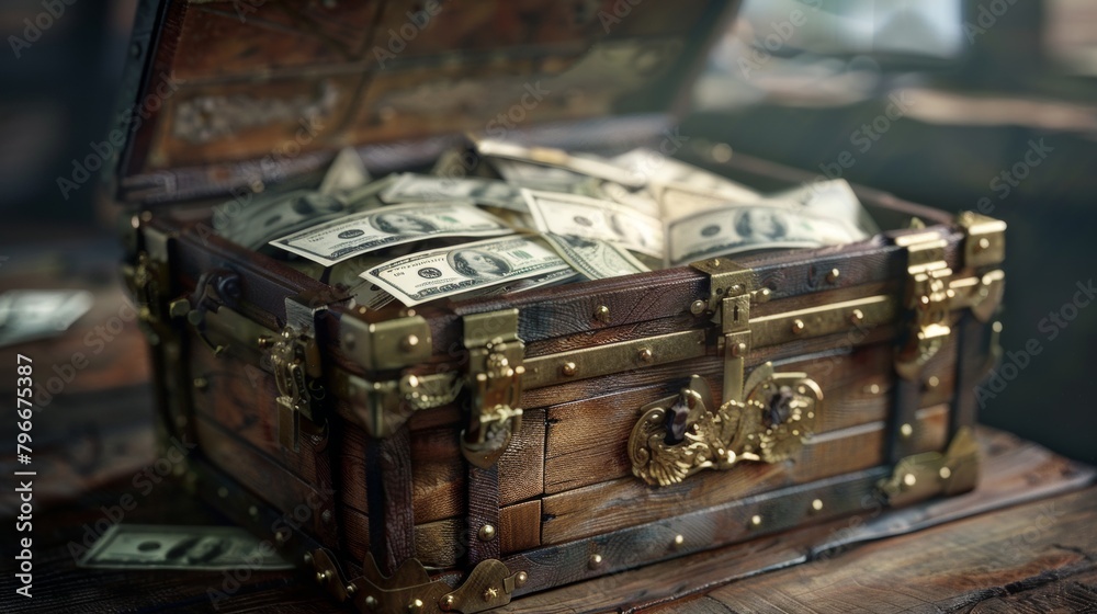 Obraz premium Design a cute 3D rendering of a treasure chest filled with money AI generated illustration