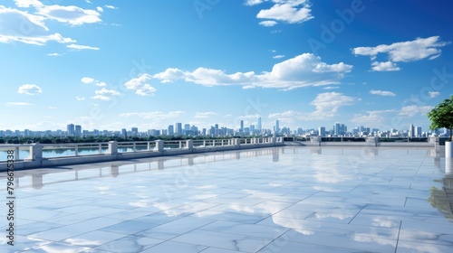 A large empty platform on the roof of a building with a panoramic view of a huge beautiful city. © Boomanoid