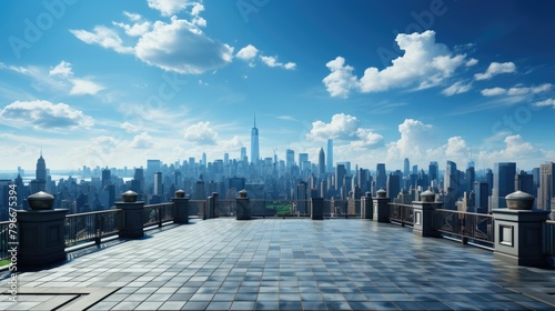 A large empty platform on the roof of a building with a panoramic view of a huge beautiful city. photo