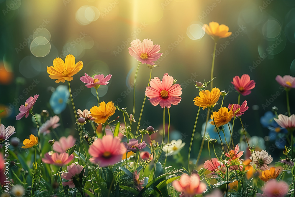 green meadow with multicolored flowers and sun rays for banners on blur background green meadow with multicolored flowers and sun rays for banners on blur background