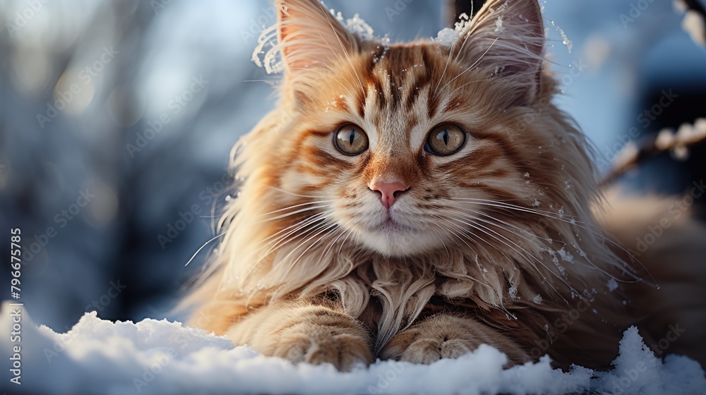 A beautiful fluffy cat sits alone in the snow in winter. Cute beloved pets theme.
