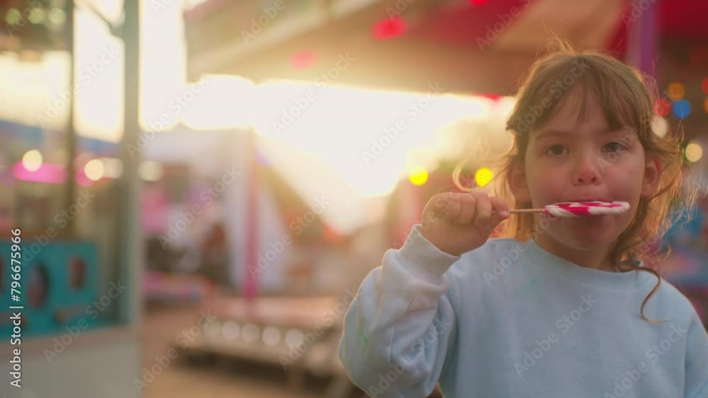 A small beautiful girl holds a large striped lollipop in her hand and eats it against the backdrop of glowing rides in an amusement park A small beautiful girl holds a large striped lollipop in her hand and eats it against the backdrop of glowing rides in an amusement park
