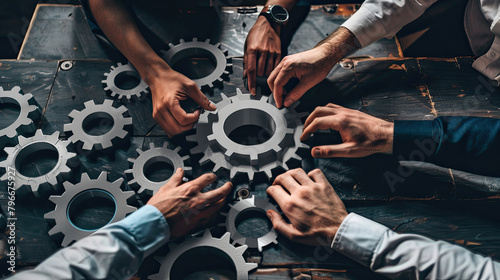 Settings, gear icon and teamwork with business people or team together for collaboration and synergy with cog wheel strategy. Office group hands for problem solving, innovation and development.