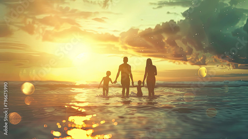 Silhouette family mother, father and young son holding hands, taking a swim in the sea for the first time the children over blurred beautiful. © NooPaew