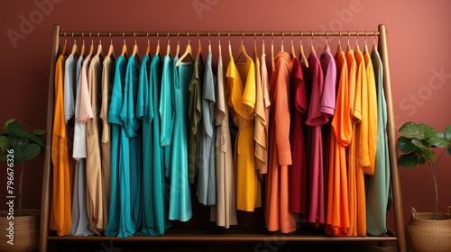 Colorful bright clothes hanging on hangers.