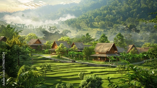 Dreamy scene of a peaceful eco village in a lush valley  AI generated illustration photo