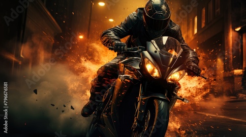 A male motorcyclist in a leather suit and helmet rides quickly on a motorcycle along a deserted street. Dynamic and active extreme scene.