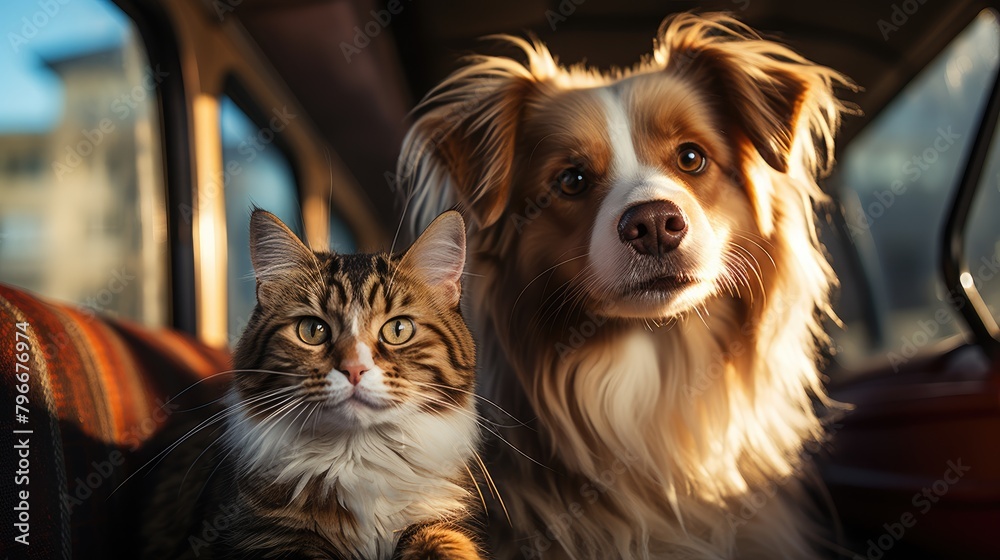 A young fluffy beautiful cute cat sits next to a friendly dog. The theme of friendship between beloved pets.