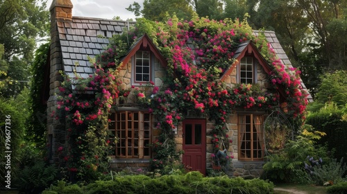 Enchanted cottage covered in blooming vines AI generated illustration