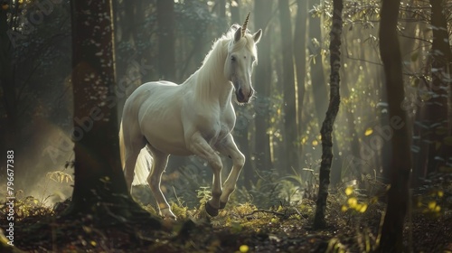 Enchanting unicorn prancing through a forest  AI generated illustration photo