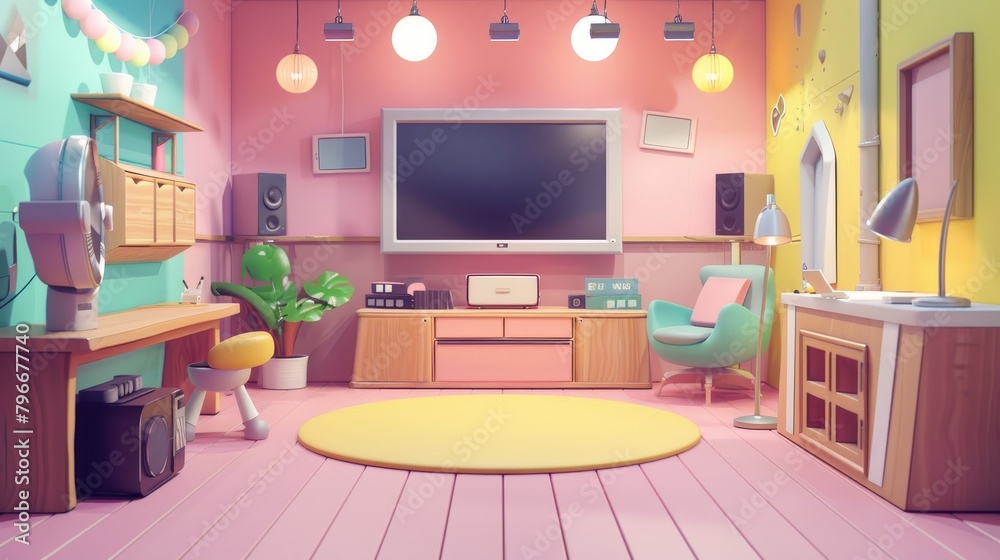 Experiment with incorporating cute elements into a 3D rendering of a TV show podcast studio AI generated illustration Experiment with incorporating cute elements into a 3D rendering of a TV show podcast studio AI generated illustration
