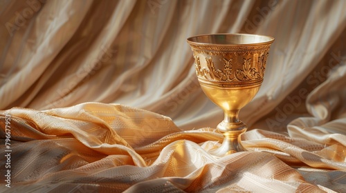 Elegant golden goblet on a background of silk fabric photo