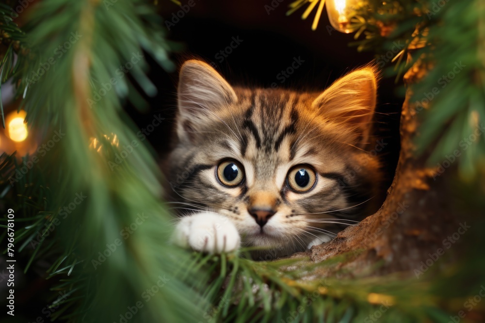 Curious cat peeking under christmas tree