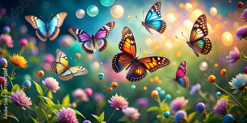 Colorful butterflies shining like pearls flying in garden photo