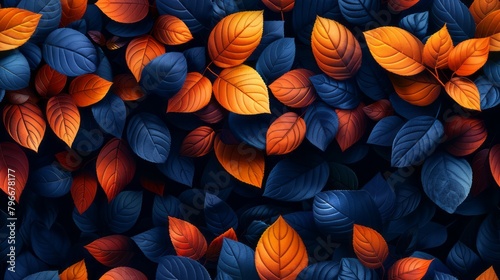 Seamless Leaves Blue Orange Pattern Texture Background photo