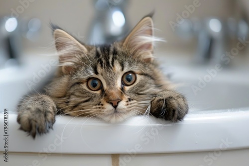 Curious cat sitting in sink staring at camera