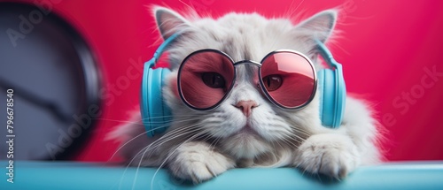 Cat wearing pink headphones and glasses
