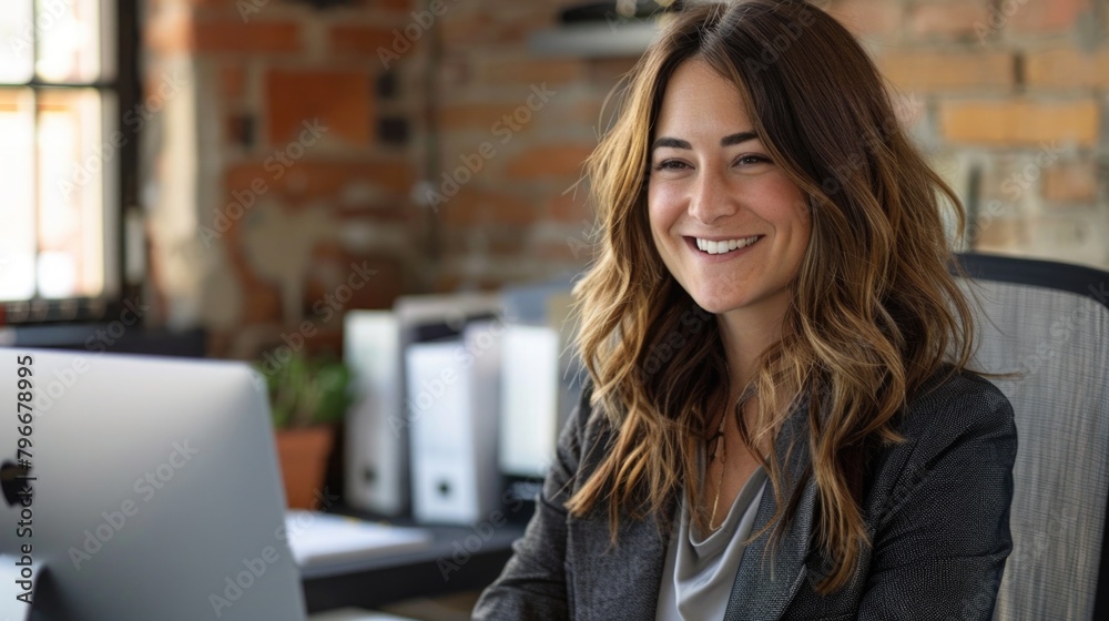 A woman is sitting at a desk with a laptop and smiling A woman is sitting at a desk with a laptop and smiling