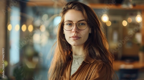 A woman with brown hair and glasses is standing in front of a window