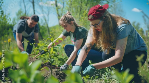 Three women are working together to plant trees in a field