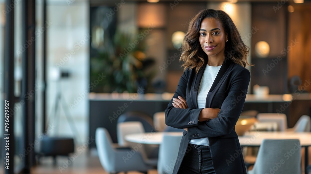 Successful woman in a black suit stands in front of a table with a white tablecloth Successful woman in a black suit stands in front of a table with a white tablecloth