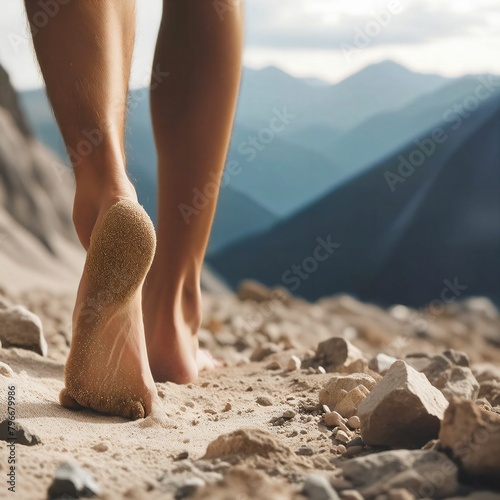 Man walking barefoot in the mountains on sandy and stony ground. Close-up low angle. Hiking with bare feet. Overcoming resistance. Connecting with nature. Grounding. Mountain view. Generative AI photo