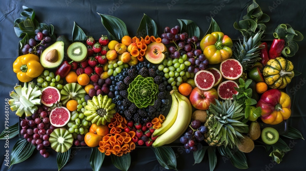 A colorful fruit platter with a variety of fruits including bananas, apples