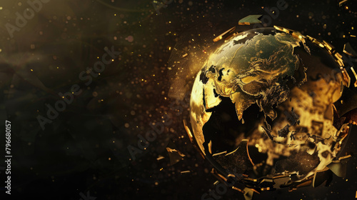 digital art earth globe with cracks and broken pieces, dark flyer design background, golden details