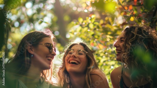 Three women are smiling and laughing together in a forest