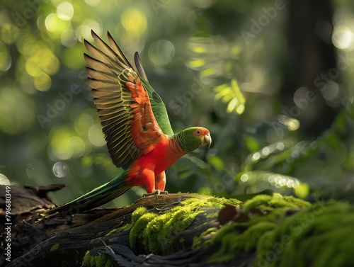 A king parrot spreading its wings in the rainforest photo