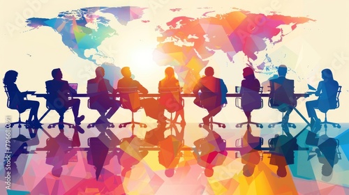 A group of people are sitting around a table with a colorful background photo