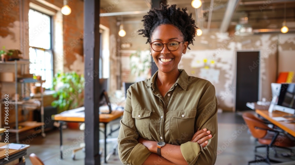 African American woman with a smile on her face is standing in a room with a green shirt on