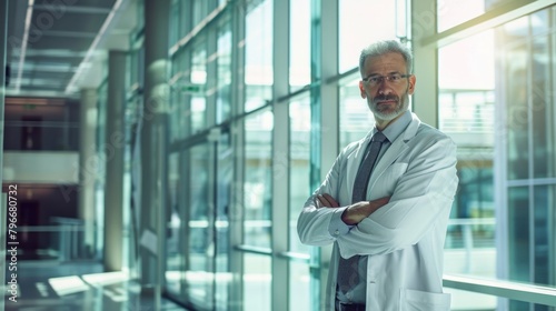A man in a white lab coat stands in a large  open room with his arms crossed