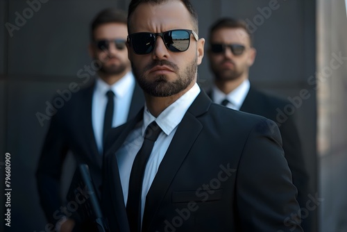 Professional bodyguards in suits and sunglasses serious and ready for protection. Concept Bodyguard Services, Security Personnel, Executive Protection, Suit and Sunglasses, Formidable Image photo