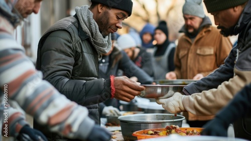A group of homeless refugees people are gathered around a table with food