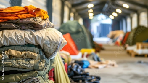 A pile of clothes is stacked in a warehouse for homeless 