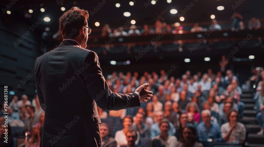 A man stands in front of a large audience, giving a speech