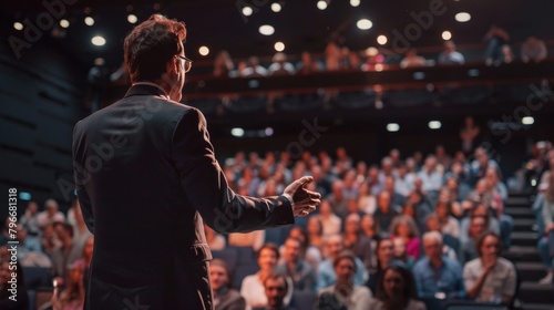 A man stands in front of a large audience, giving a speech photo