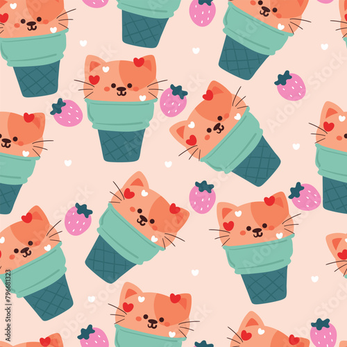 seamless pattern cartoon cat with cute dessert. cute animal wallpaper illustration for gift wrap paper