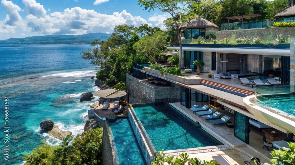 A beautiful ocean view with a large house with a pool