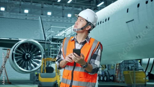 Asian Male Engineer With Safety Helmet Using Smartphone And Looking Around While Standing With Aircraft In The Hangar