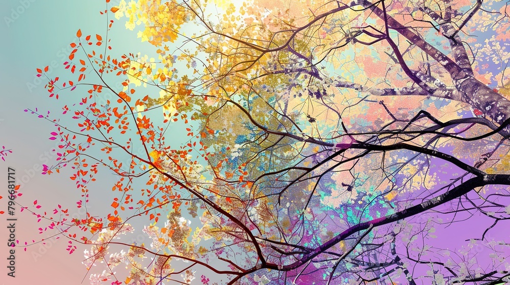 Colorful trees with leaves on the background, illustration of branches. abstract wallpaper Floral tree with colorful leaves, bright, realistic