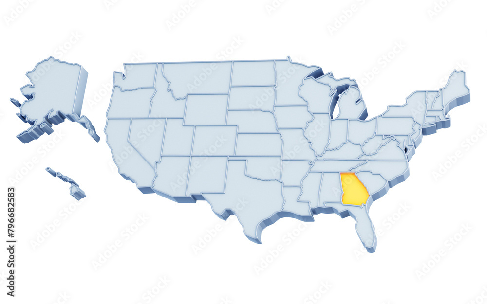 Fototapeta premium State of Georgia highlighted in golden yellow on three-dimensional map of the United States isolated on transparent background. 3D rendering