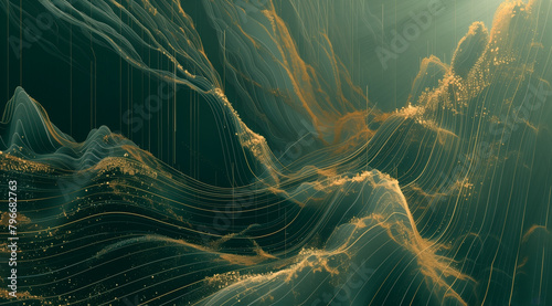 abstract illustration of mountain landscape in green tone with gold lines in concept nature, luxury