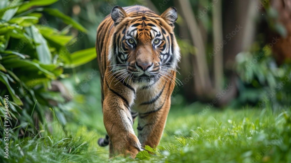 Fototapeta premium Fierce tiger stalking its prey AI generated illustration