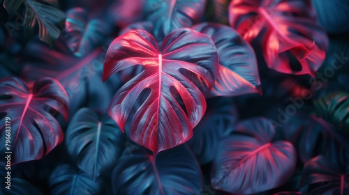 Monstera Deliciosa Leaves in Bold Pink and Blue. photo