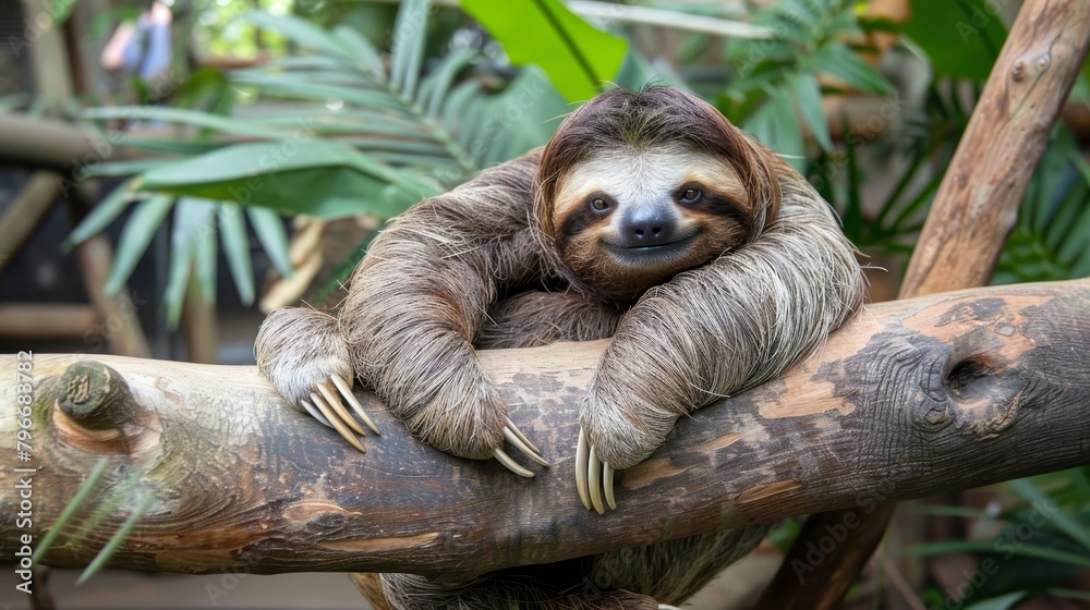 Fototapeta premium Furry sloth lounging in a tree AI generated illustration