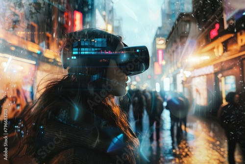 Close up of young girl wearing virtual reality glasses walking outdoor in city street