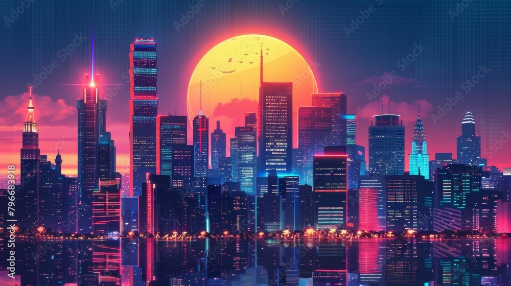 Futuristic retro city skyline in a cute style  AI generated illustration